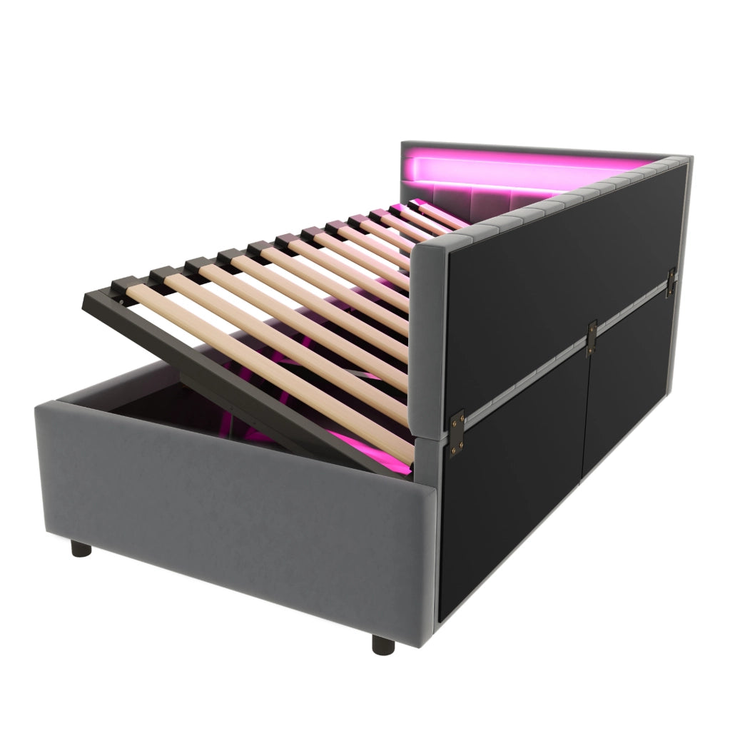 Letto imbottito 90x200 con LED, vano contenitore e rete a doghe