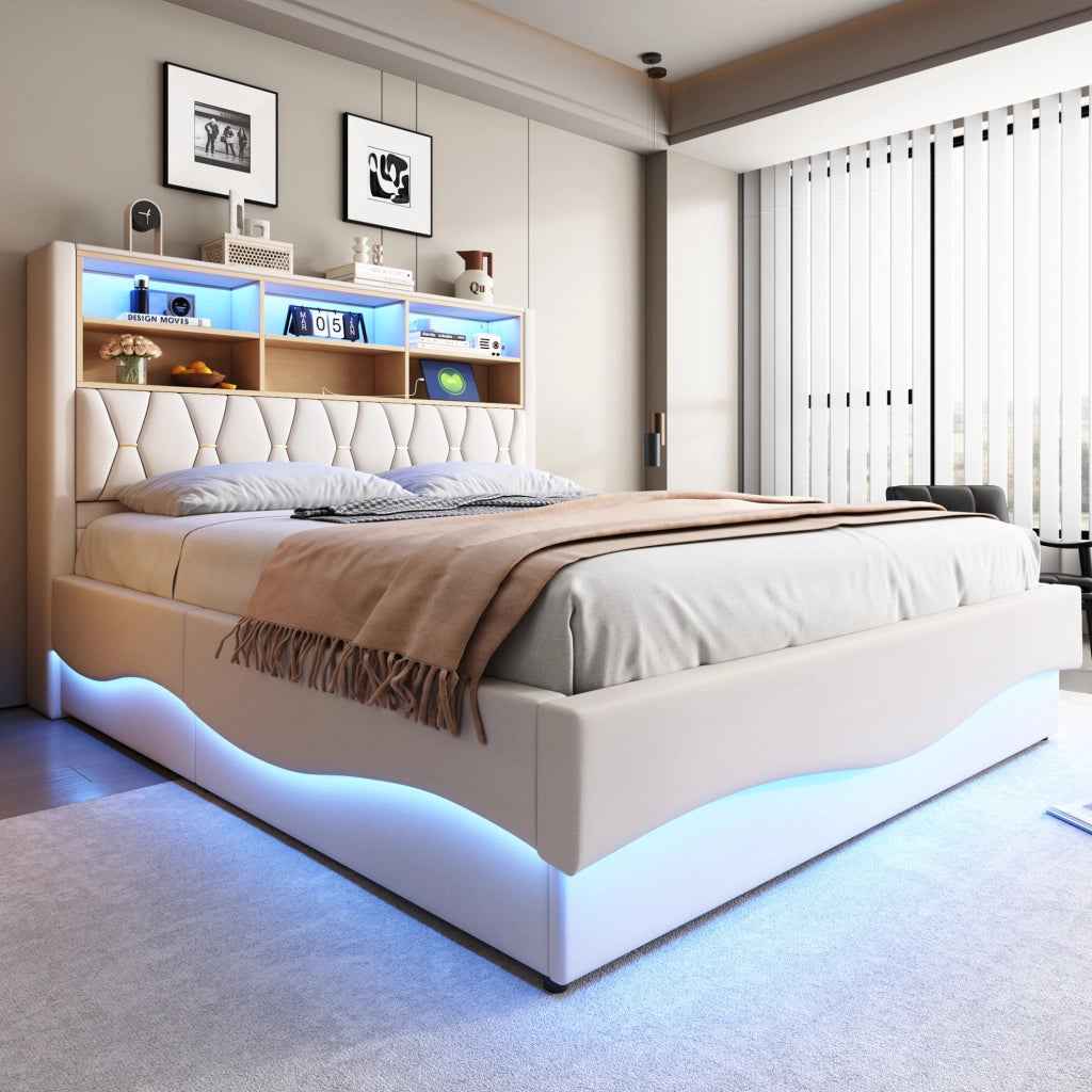 Letto contenitore 180x200 cm in lino e metallo beige con LED e USB, senza materasso