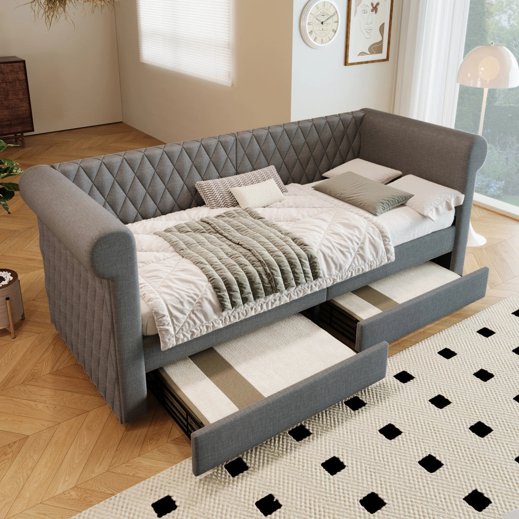 Materasso 90x200 cm con cassetti; testiera contenitore; Lino; Grigio
