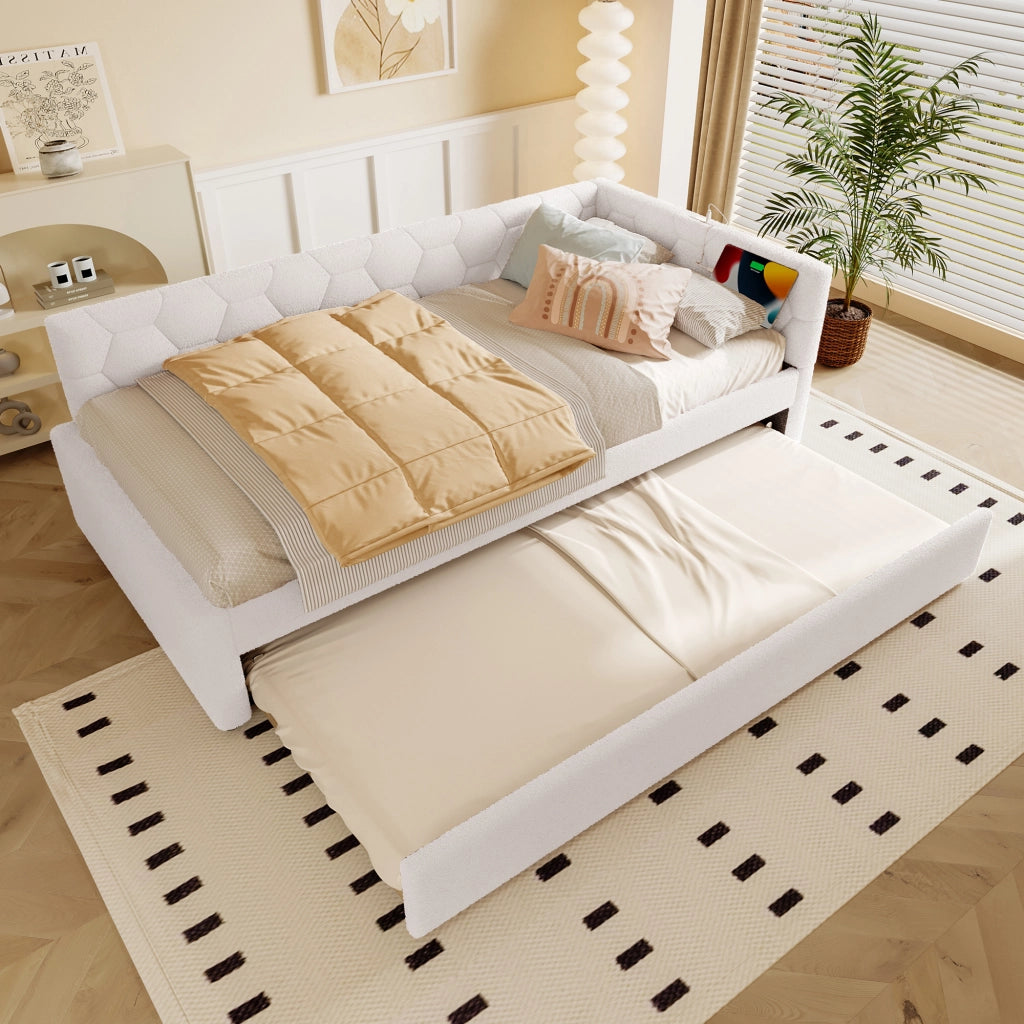 Letto divano singolo 90 × 200 cm con letto estraibile; USB; tipo C e lampada; senza materasso; bouclé bianco