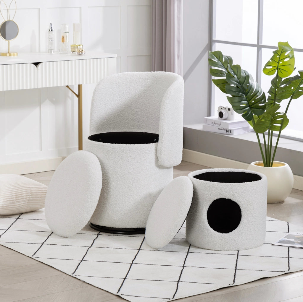 Poltroncina girevole 360° con contenitore in tessuto Teddy bianco e sgabello cuccia per gatto HOMVRA