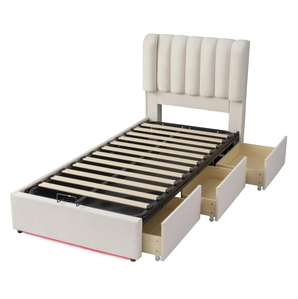 Letto singolo contenitore per bambini 90x200 cm con 3 cassetti e LED in velluto beige HOMVRA
