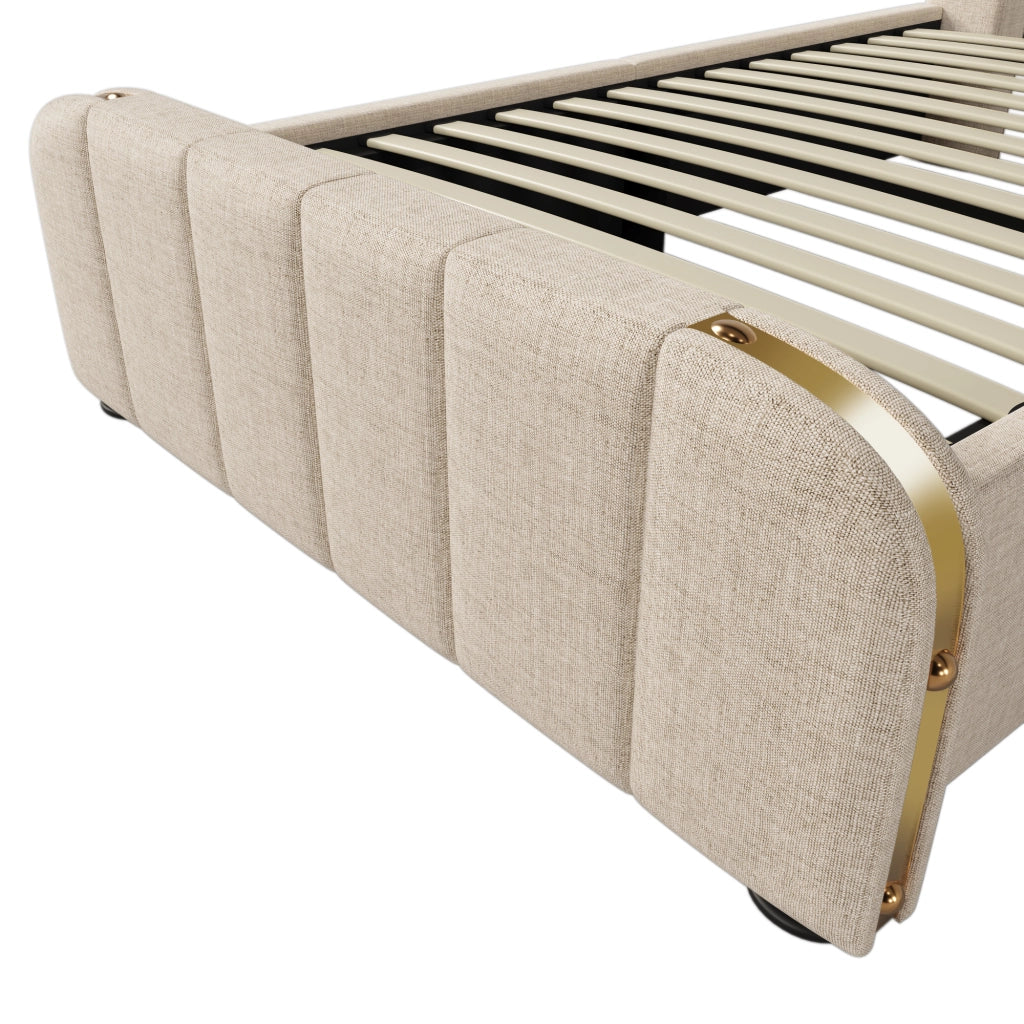 Letto singolo imbottito 90 × 200 cm contenitore in lino beige con testiera USB Type-C e materasso incluso