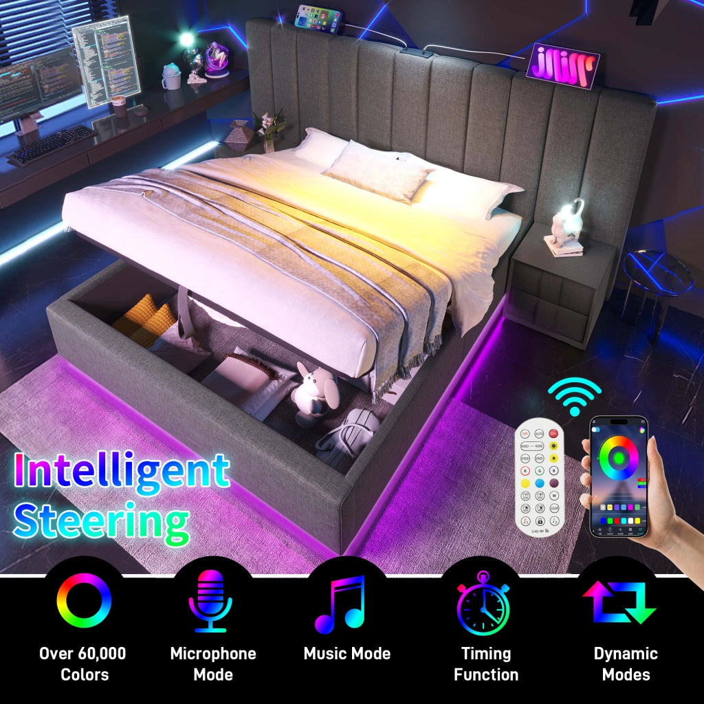 Letto contenitore 180 × 200 cm con LED; 3 USB e porta Type-C con rete a doghe in lino grigio