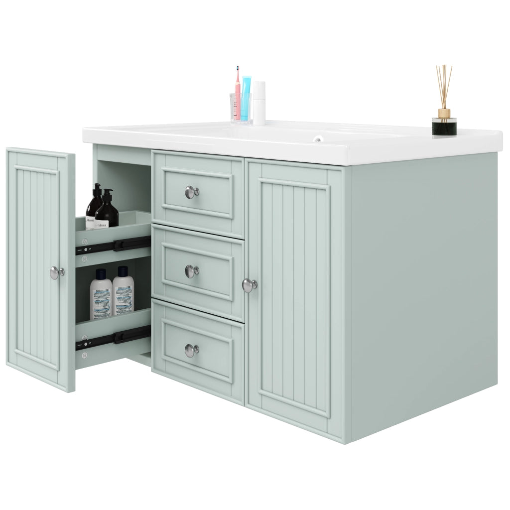 Mobiletto con lavabo sospeso in MDF verde con lavabo in ceramica e vano laterale 78.5 × 46 × 46.8 cm