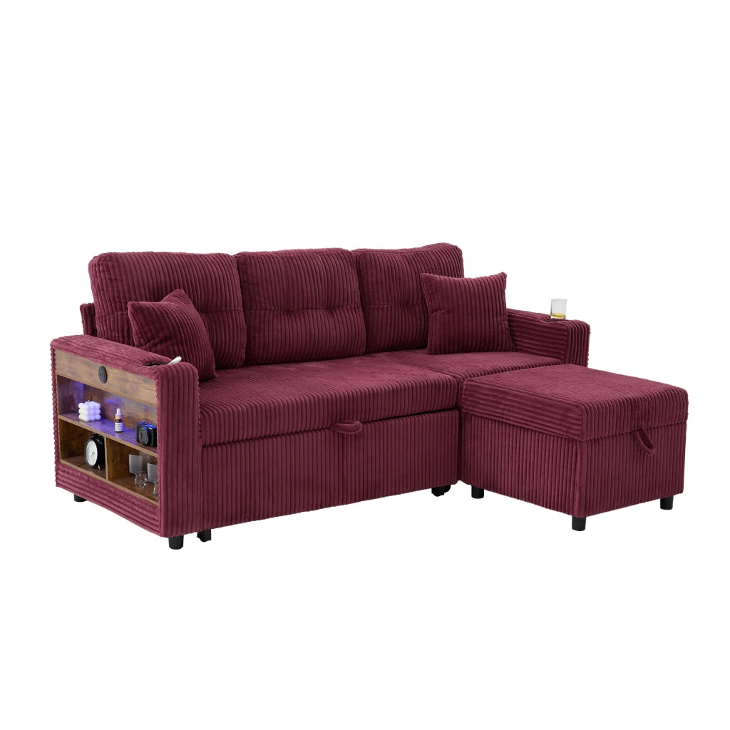 Divano letto modulare con contenitore; USB-C e LED - in velluto a coste - rosso vino