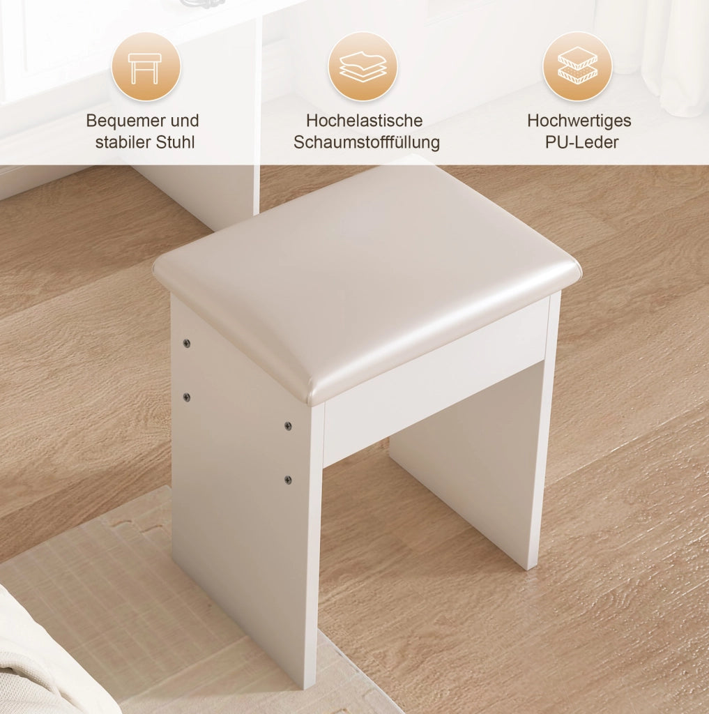 Toeletta bianca con specchio LED dimmerabile e sgabello