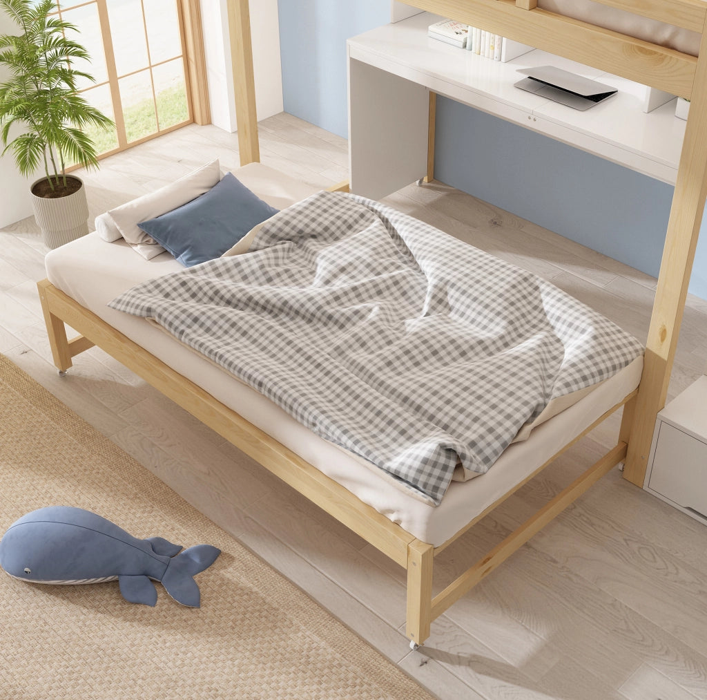 Letto a castello 90x200/90x190 cm con scrivania e letto estraibile in pino, compensato e MDF
