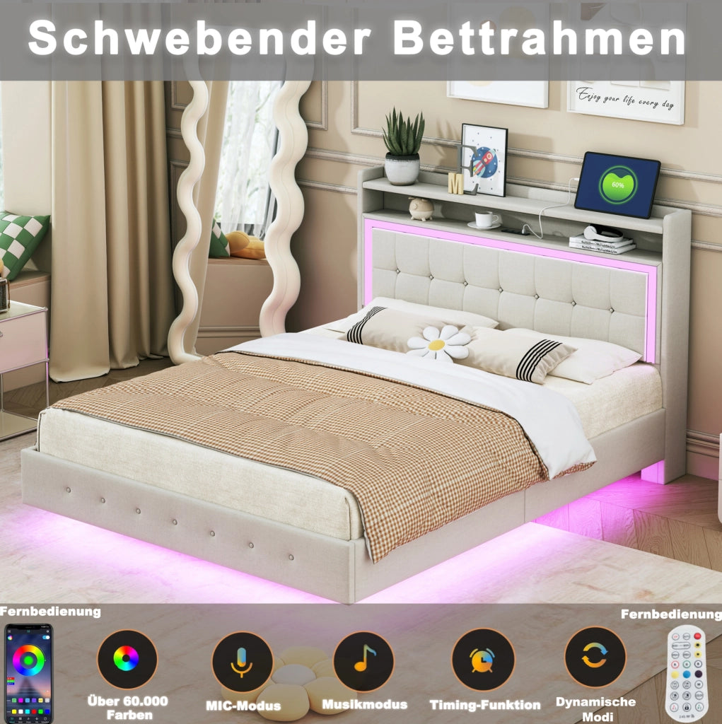 Letto imbottito matrimoniale 140x200 con USB e LED; beige