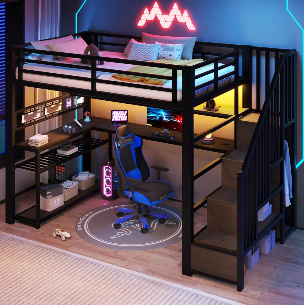 Letto a soppalco in metallo 90x200 cm con LED RGB, armadio, scrivania e spazio contenitivo, nero