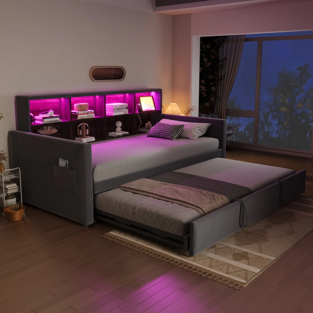 Letto singolo imbottito estraibile in velluto grigio con testiera contenitore LED prese e rete a doghe