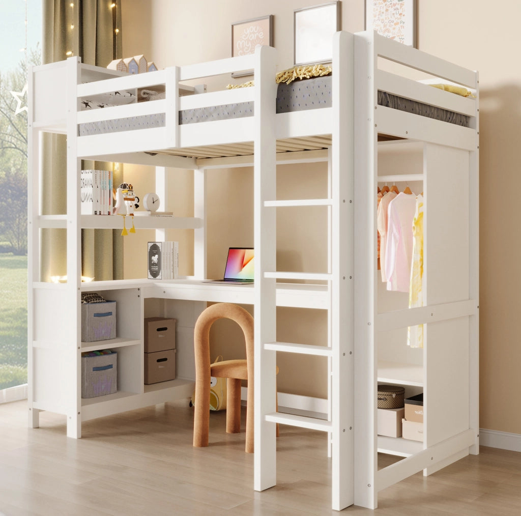 Letto a soppalco 90x200 cm con scrivania, armadio e ripiani