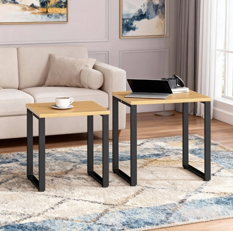 Set 2 Tavolini da Salotto con Struttura in Metallo e Piano Effetto Legno, Misure 60x50x60 cm e 50x50x54 cm