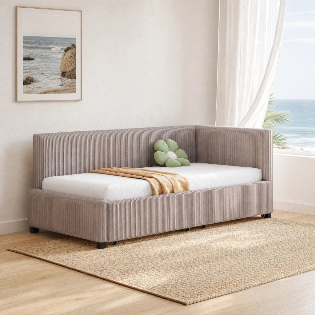 Letto singolo imbottito 90x200 cm con 2 cassetti contenitore, grigio