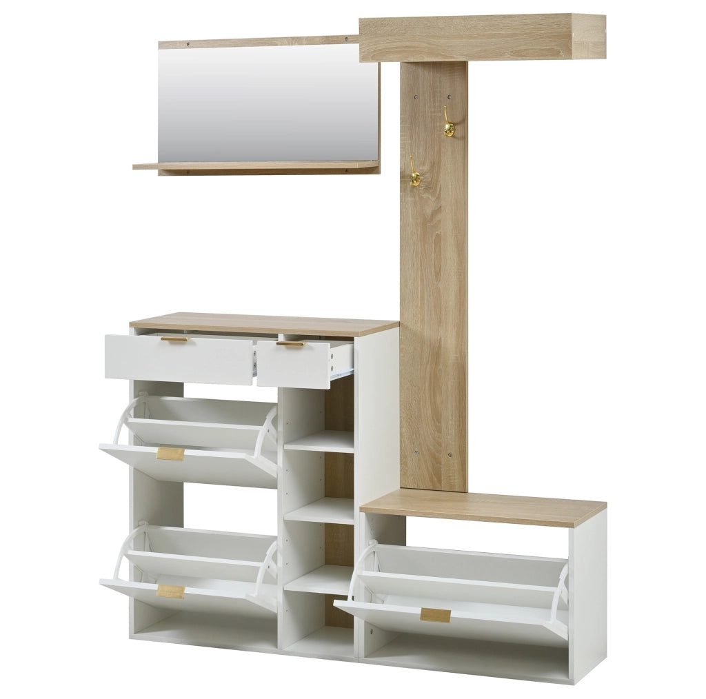 Set guardaroba da ingresso 4 pezzi con scarpiera; panca e specchio; 130 ¡Á 30 ¡Á 174 cm; bianco/naturale