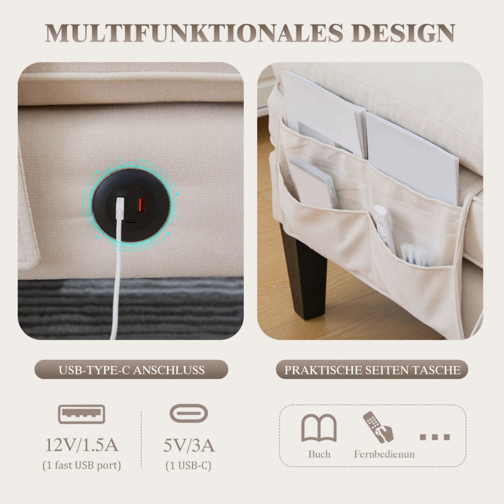 Divano angolare a U 4 posti in lino beige con chaise-longue e schienale moderno