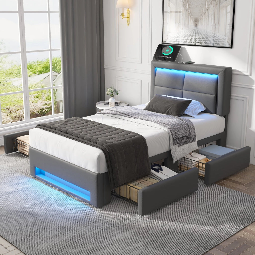Letto imbottito con USB, LED e 4 cassetti, 90x200 cm, grigio