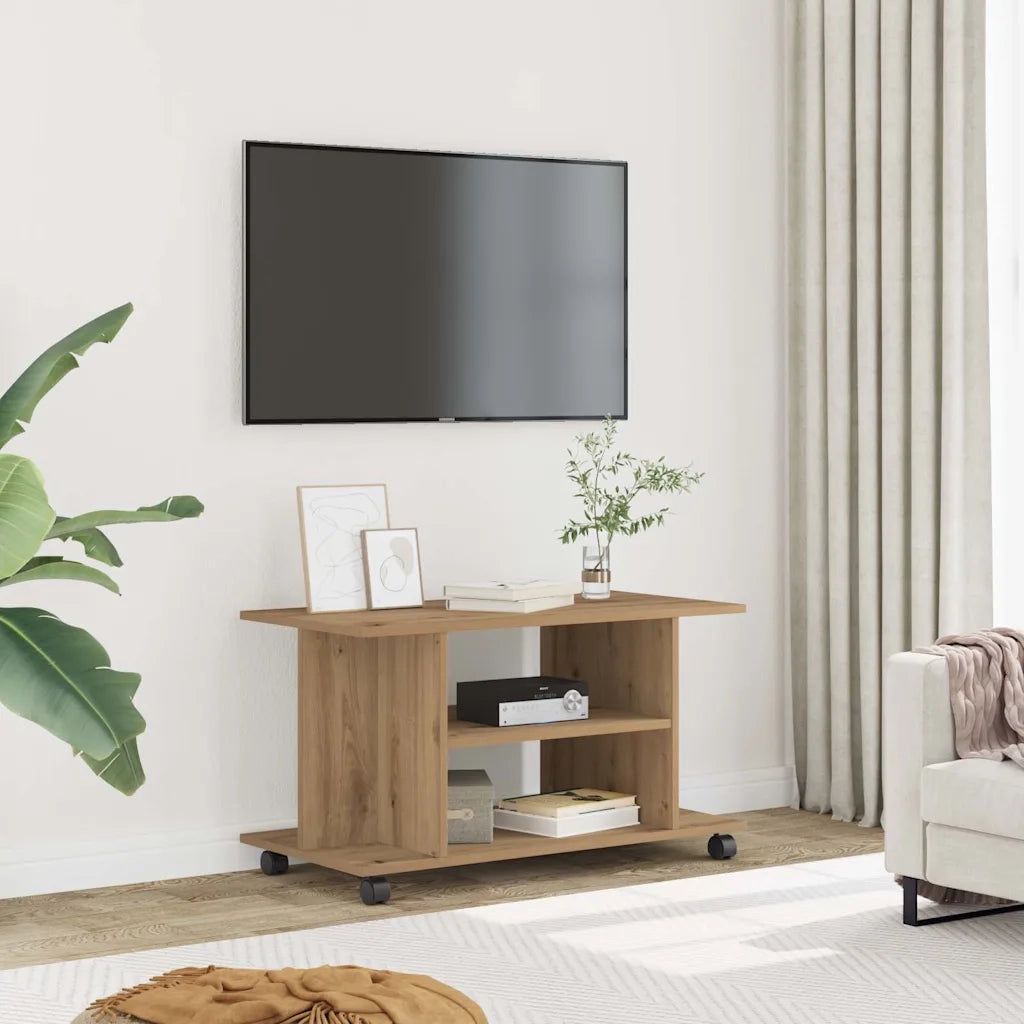 Mobile TV Ruote Rovere Artigianale 80x40x45cm Legno Multistrato