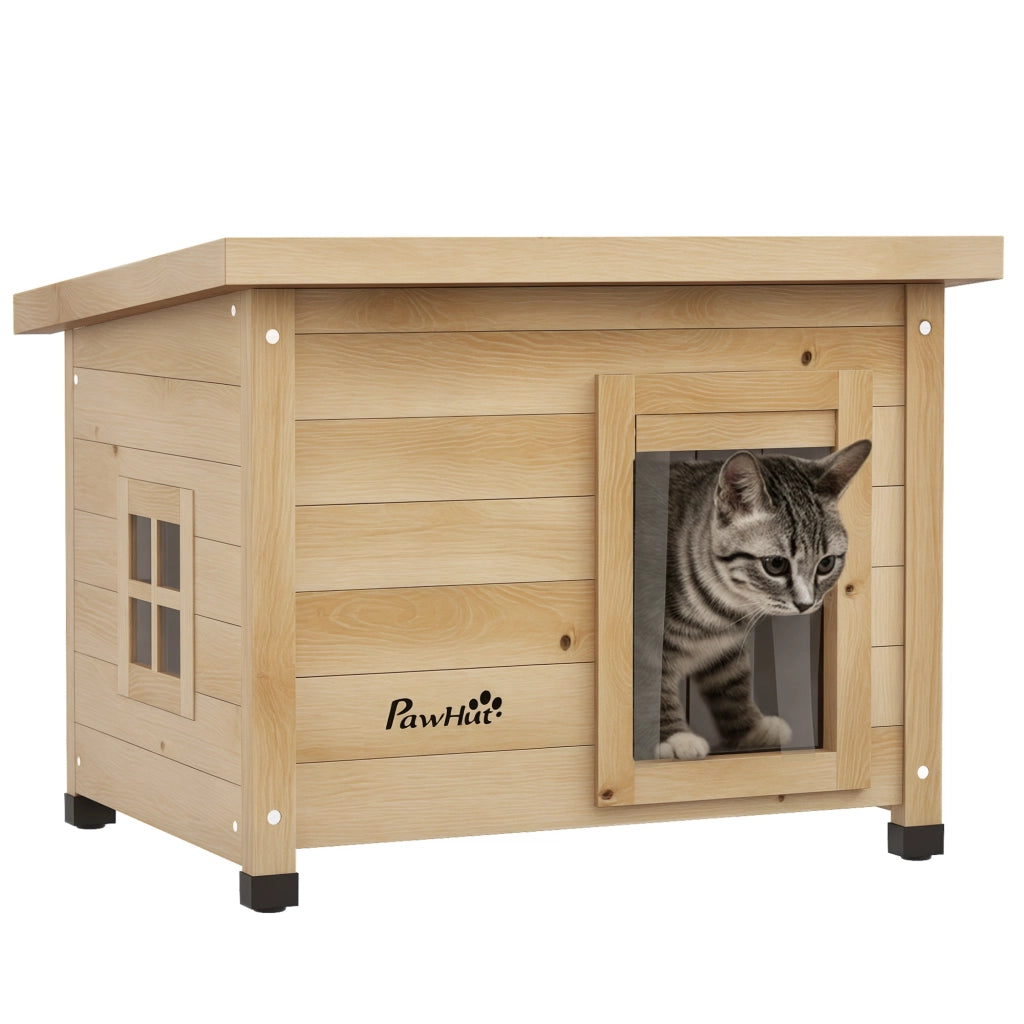 Cuccia per Gatti da Esterno Rialzata ¨C Xylo ¨C Legno, Tetto Asfaltato, Finestra 57x45x43cm Giallo