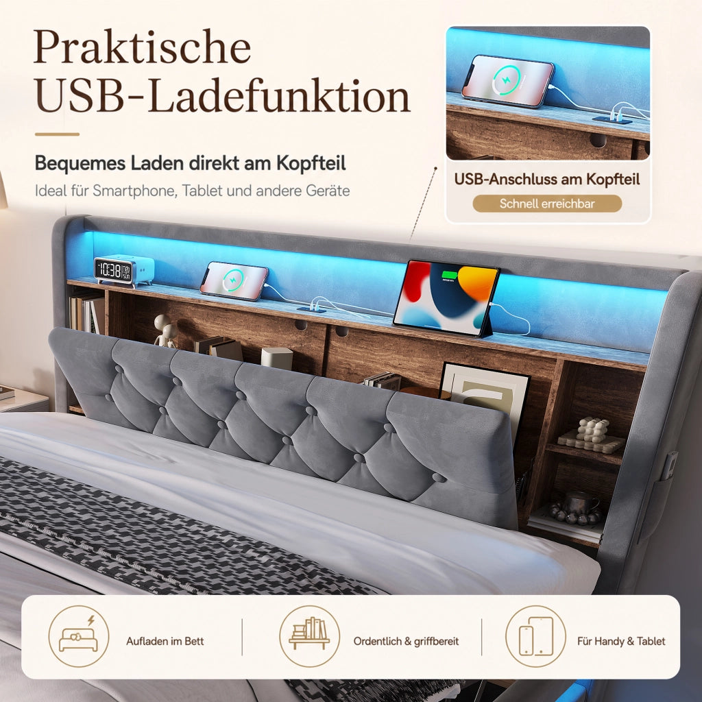 Letto contenitore con testiera multifunzione LED USB e Type-C rivestito in velluto grigio scuro