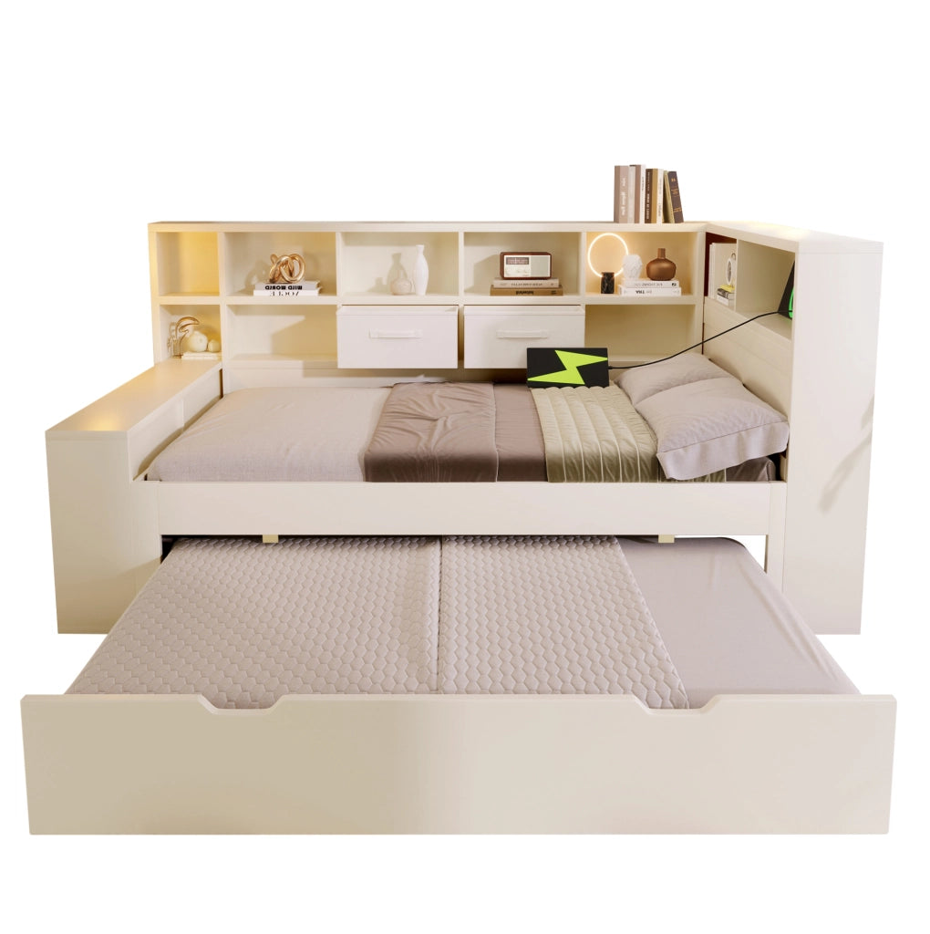 Letto singolo 90x190 cm bianco in legno con letto estraibile; ripiani su tre lati e porte USB/Type-C