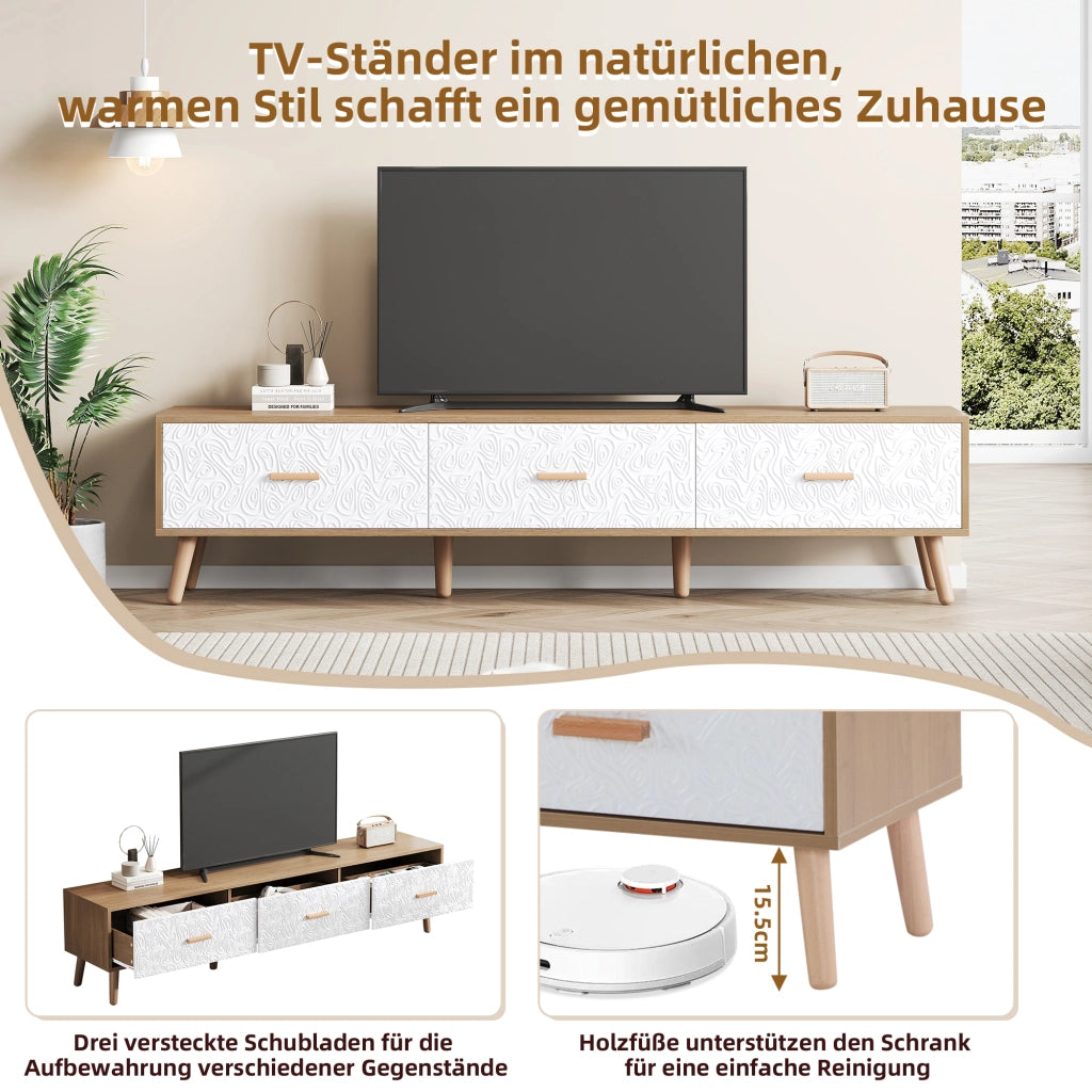 MOBILE TV 150x39x35 cm Bianco e Legno con 3 Cassetti