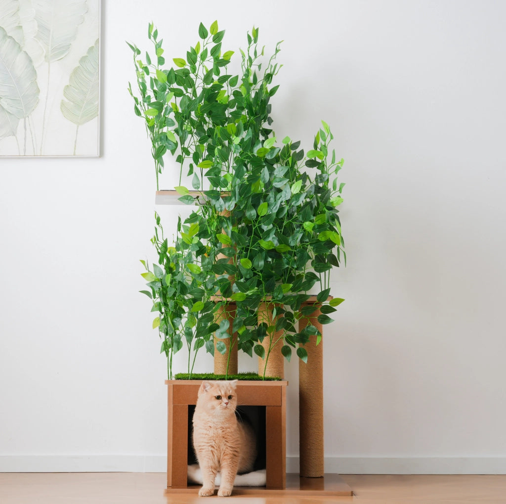 Tiragraffi per gatti ad albero con 3 piattaforme; cuccia e foglie rimovibili; 60×45×158 cm; MDF verde