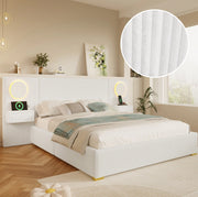 Letto imbottito 180x200 cm con LED, USB e comodini con cassetti in velluto beige