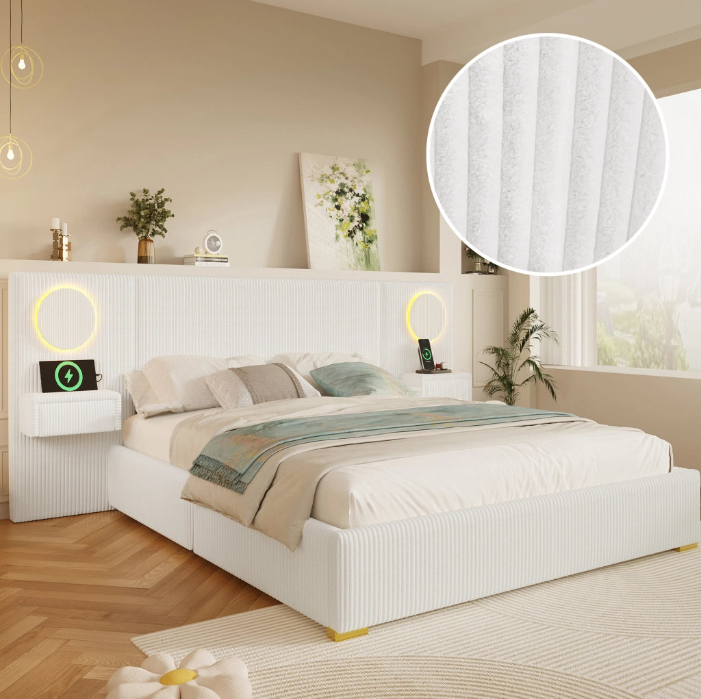 Letto imbottito 180x200 cm con LED, USB e comodini con cassetti in velluto beige