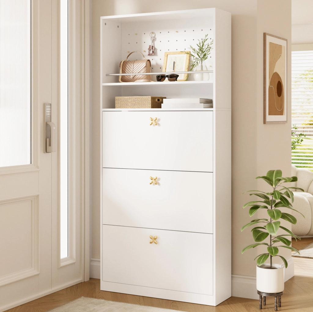 Scarpiera 80x24x178，5 cm bianca， 3 ante a ribalta， 2 vani， maniglie dorate