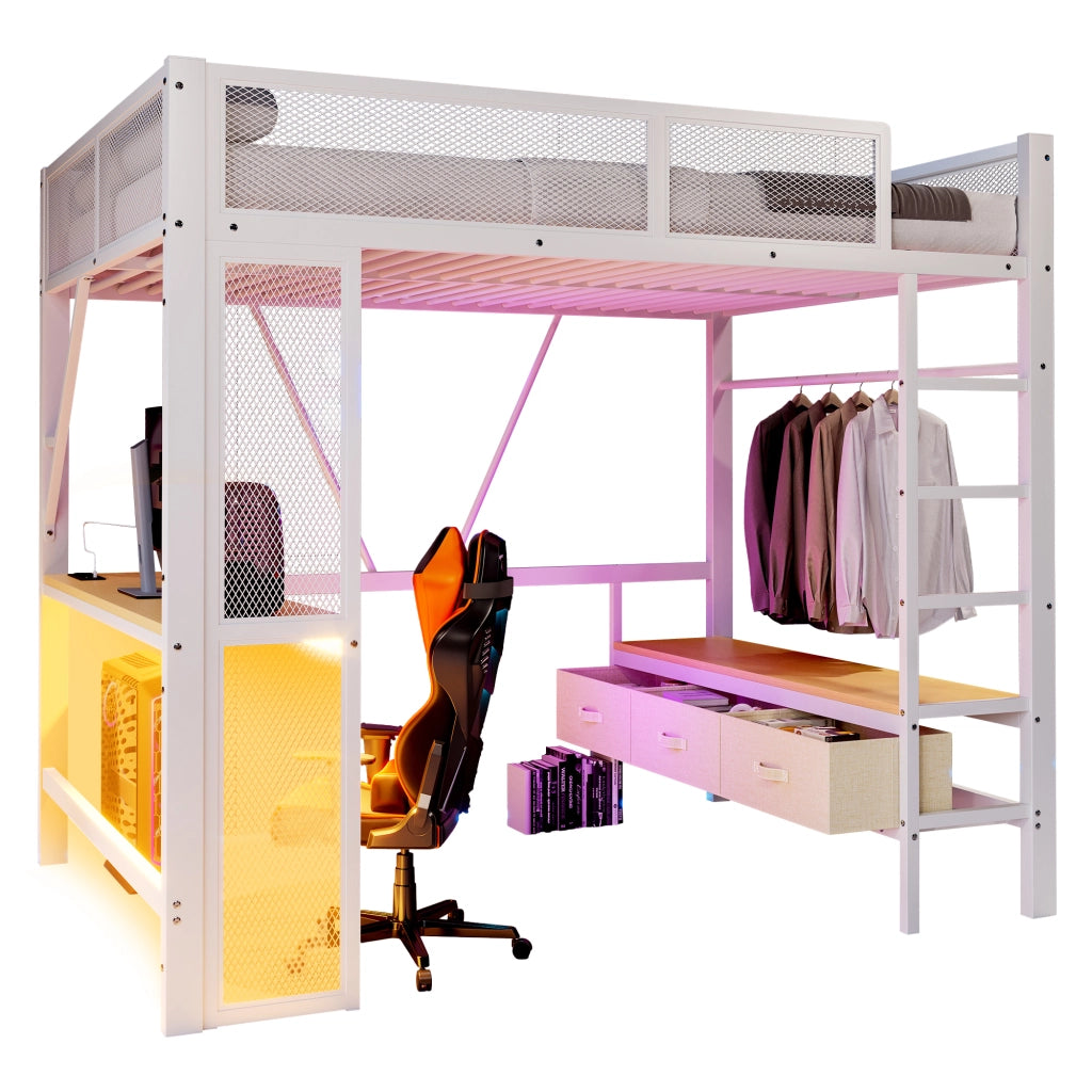 Letto a soppalco 90 ¡Á 200 cm con scrivania; armadio aperto; ripiani; LED e porte USB in legno bianco