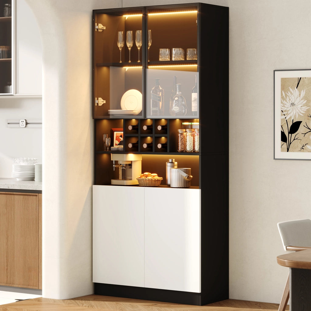 Vetrina alta 80x30x180 cm con LED multicolore; portabottiglie e 2 ante; nera