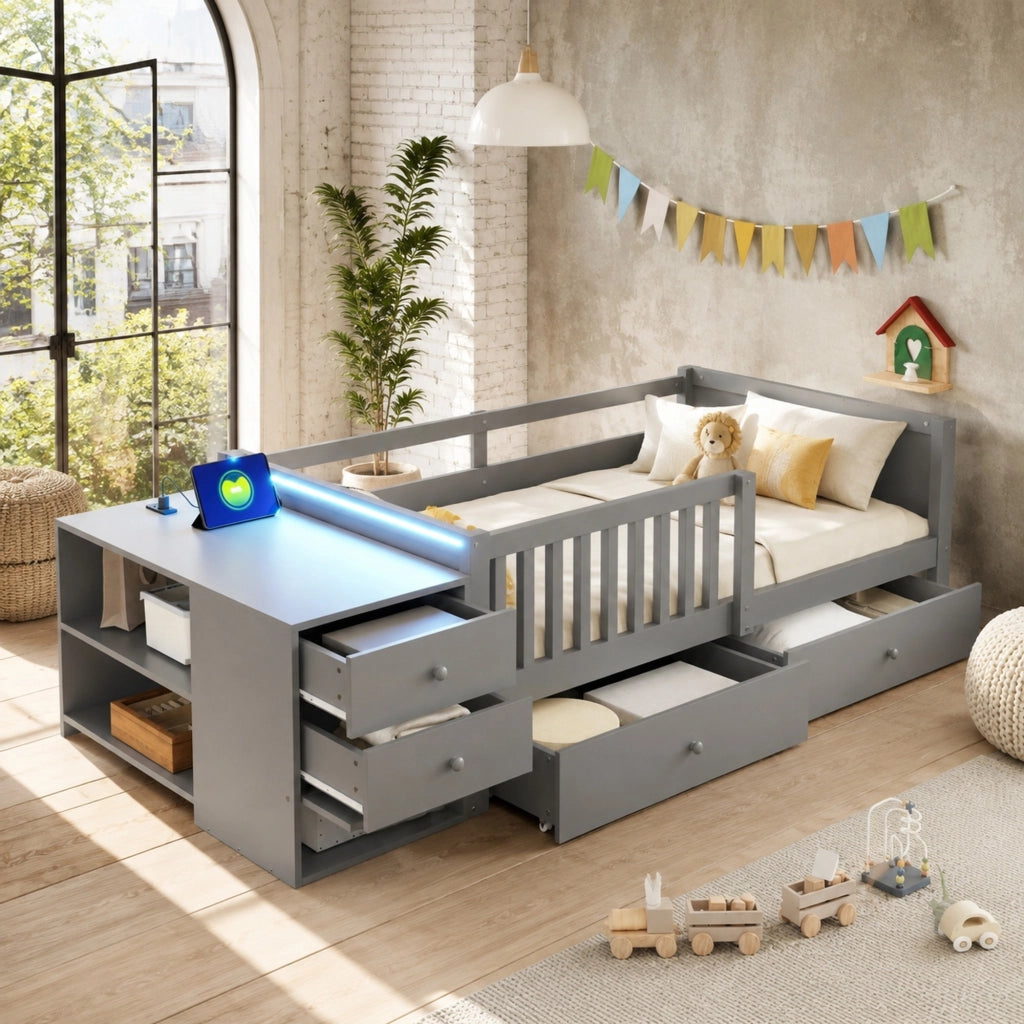 Letto alto per bambini 90x200 cm con contenitore, LED e presa