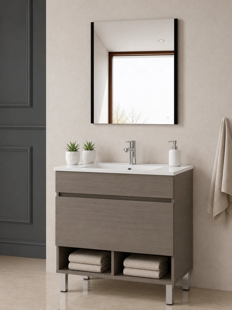 Mobile bagno con piedini con lavabo extrapiano ORIGENBATH NEBARI senza specchio 60x45 cm rovere smoky