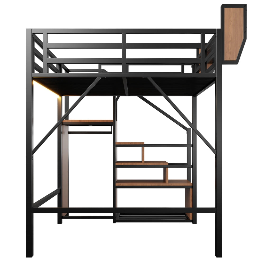 Letto a soppalco 140x200 cm in metallo con LED; scala di sicurezza e ripiani; nero