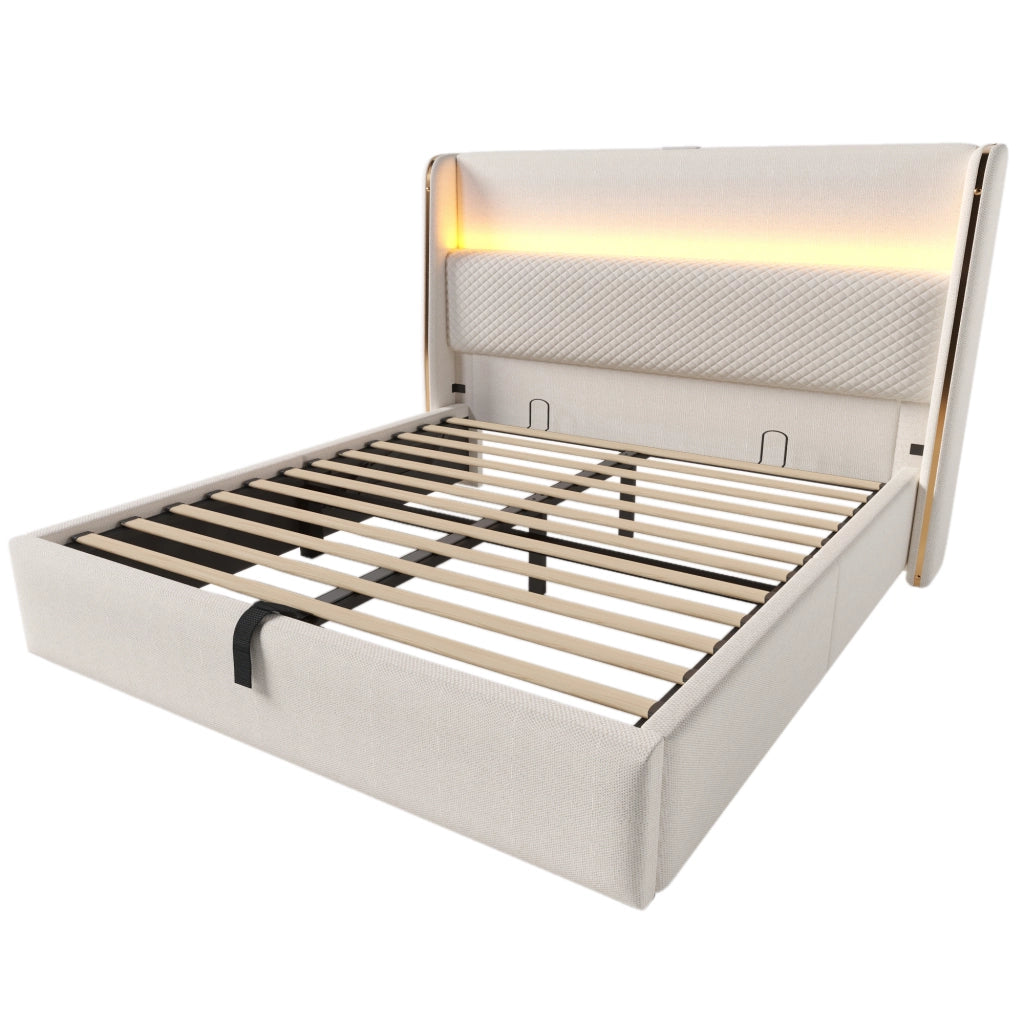 Letto Contenitore 160x200 cm; Letto Matrimoniale - LED; USB; Type-C in Lino Beige