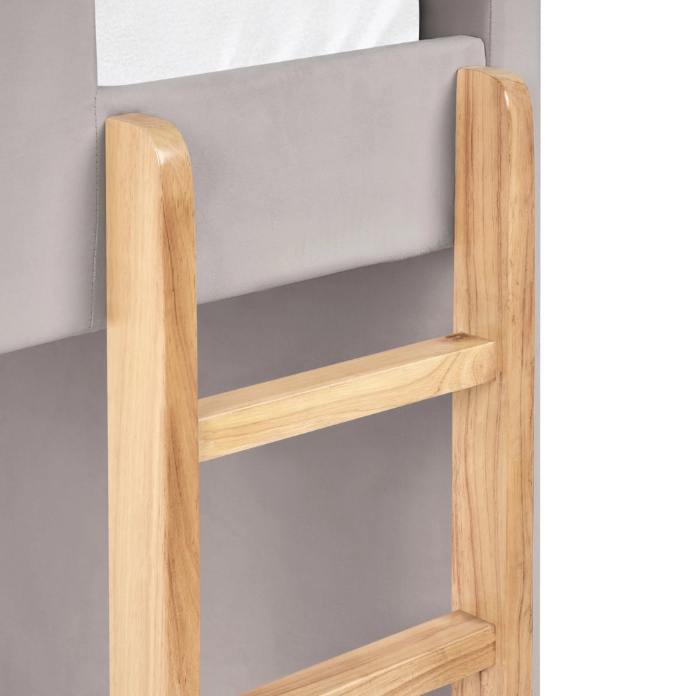 Letto a castello 3 piedi per bambini alto imbottito in velluto e scaletta in in legno di pioppo grigio chiaro 90x200 cm cameretta