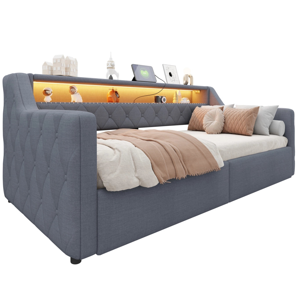 Divano letto 90x200 cm grigio in lino e MDF con vano contenitore idraulico