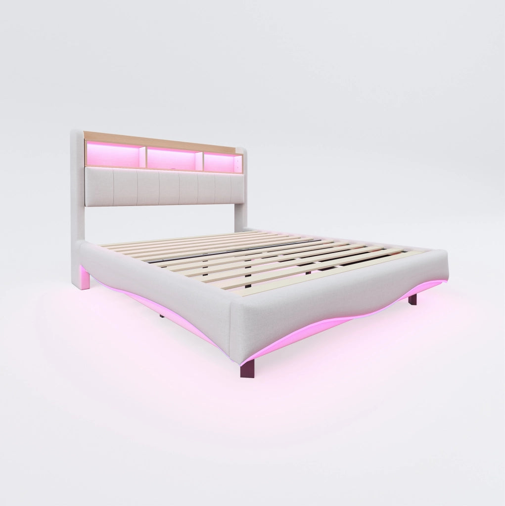 Letto imbottito sospeso 140x200 cm in tessuto di lino beige con luci LED, porte USB e Type-C, contenitore integrato