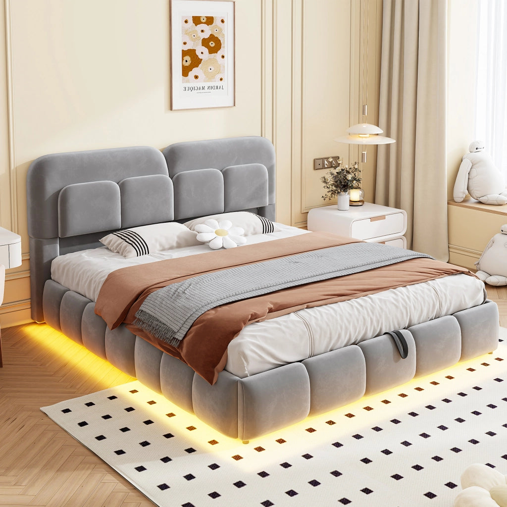 Letto Imbottito 140x200 cm in Velluto Grigio con Contenitore Idraulico e Luci LED; Letto Matrimoniale alla Francese