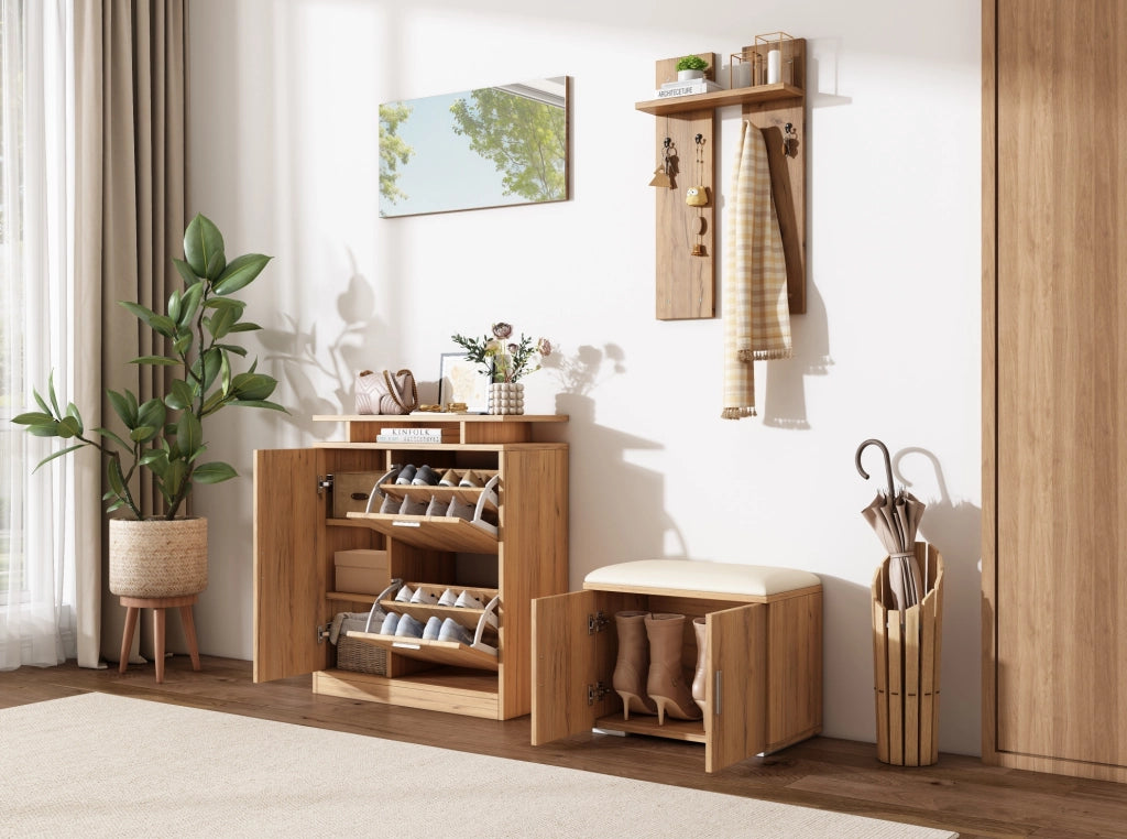 Set guardaroba per ingresso con panca porta scarpe, specchio, 5 ante, 4 ganci, finitura naturale, 140x35x133 cm