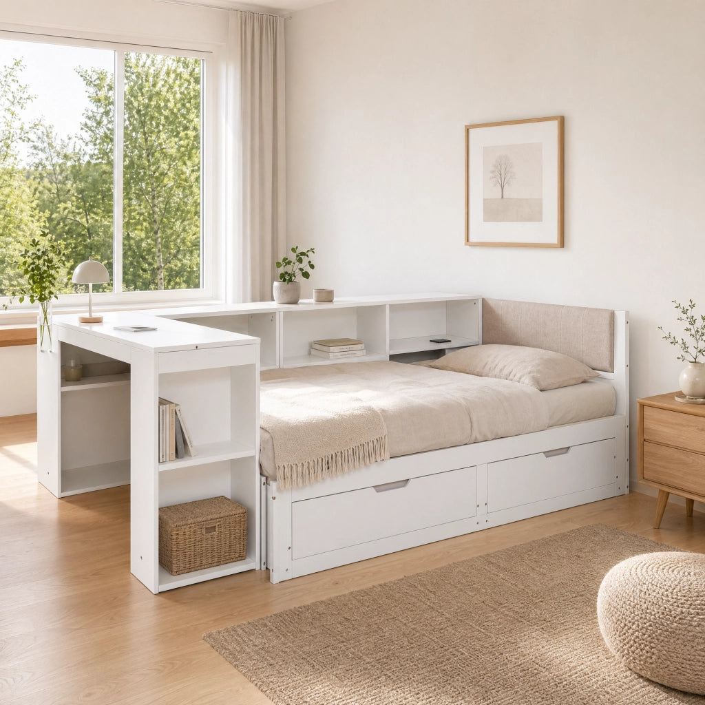 Letto extensible180 x 200 cm con scrivania integrata, cassetti e ripiani, divano letto in legno bianco con testiera imbottita