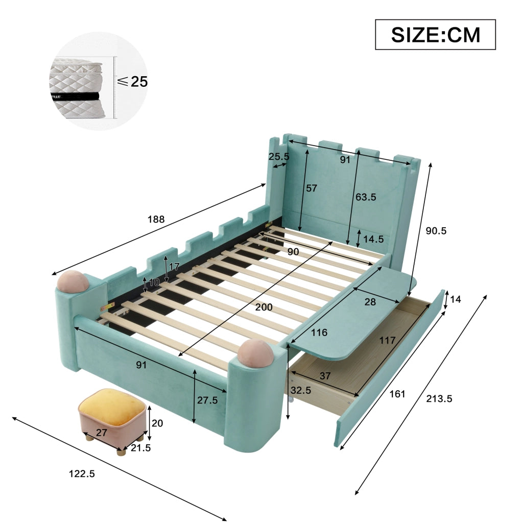 Letto singolo 90 × 200 cm con cassetto estraibile e ripiano laterale pieghevole in velluto francese blu verde