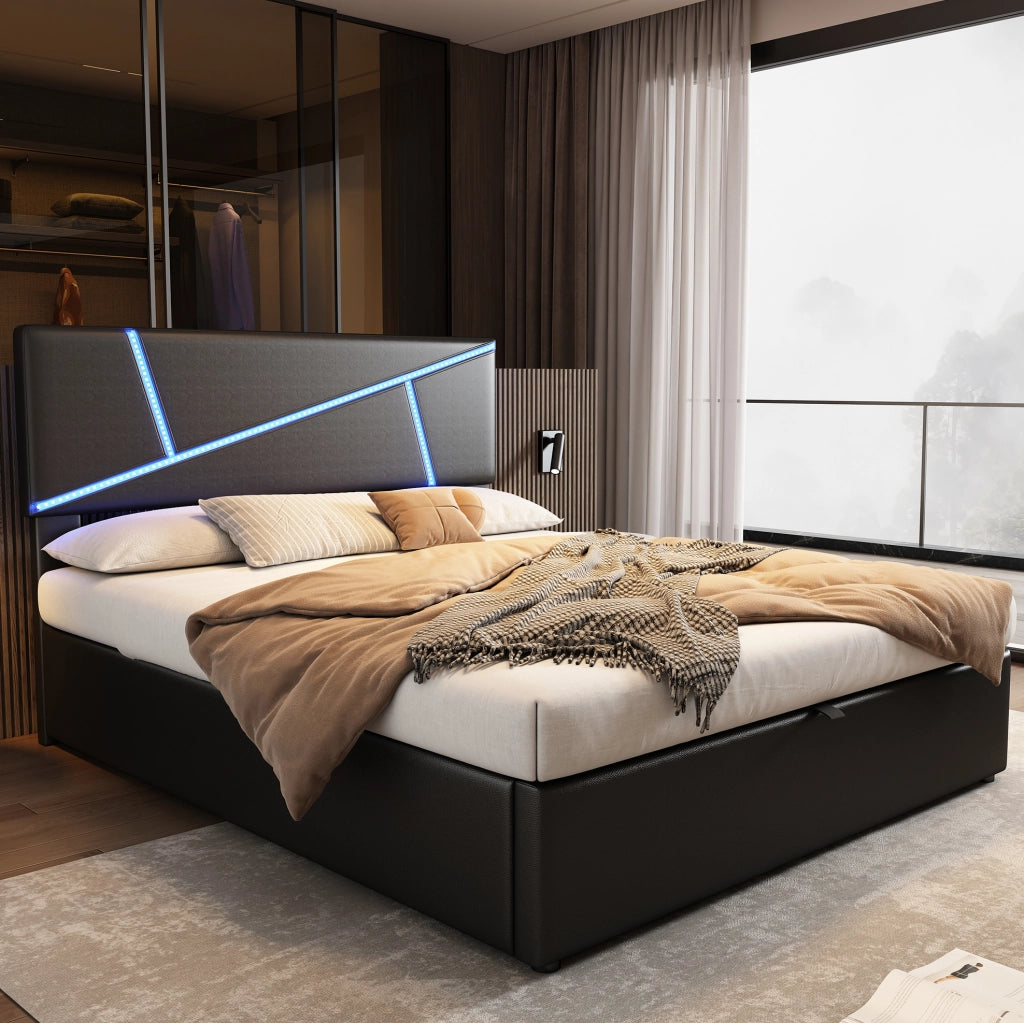 Letto imbottito LED con contenitore e rete a doghe, nero