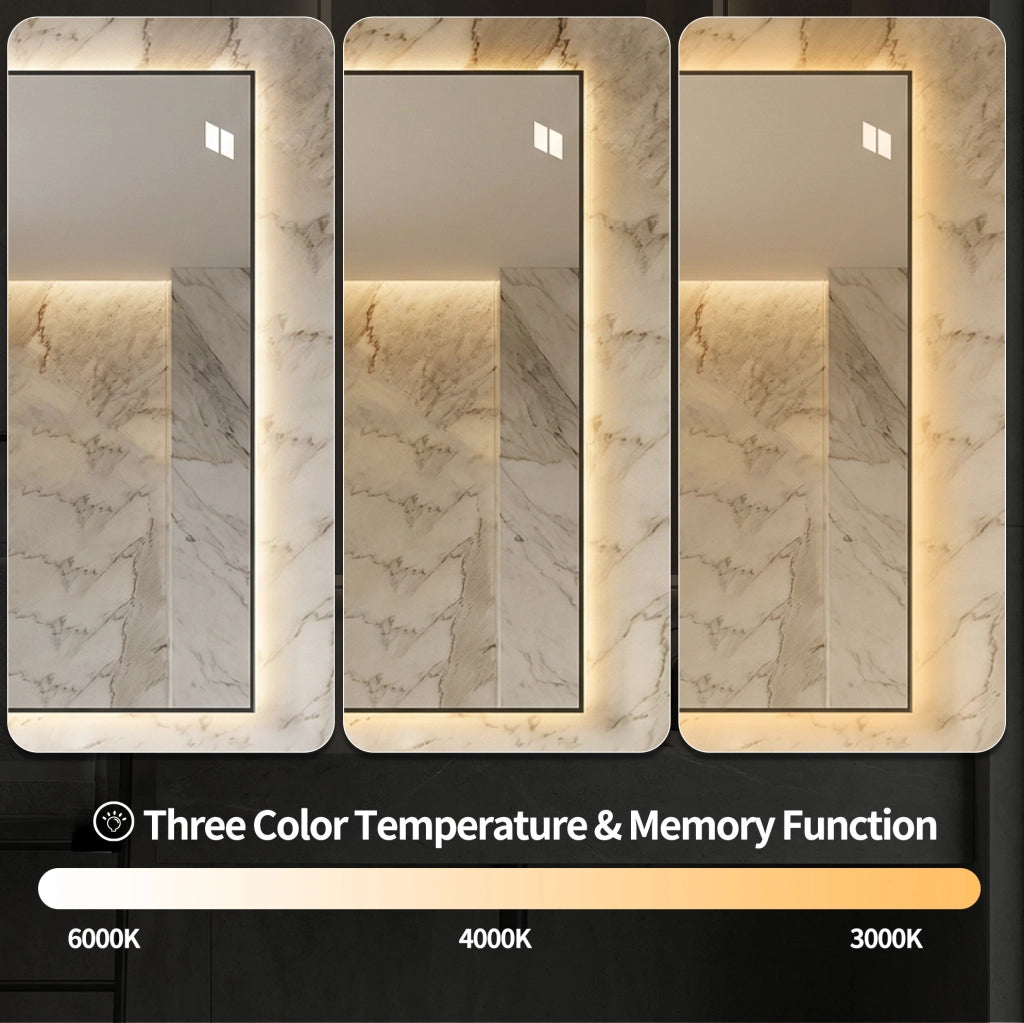 Specchio da bagno LED 70x90 cm con cornice in alluminio, retroilluminato, antifoschia, 3 tonalità di luce e dimmer regolabile, specchio argento senza rame 5 mm