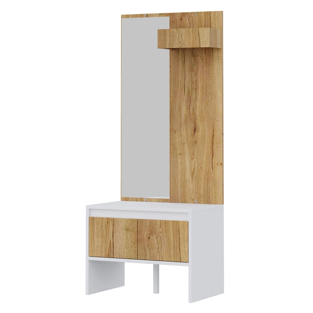 Mobile ingresso con specchio; 2 cassetti e ganci - per ingresso - 60x38x145 cm - bianco e naturale
