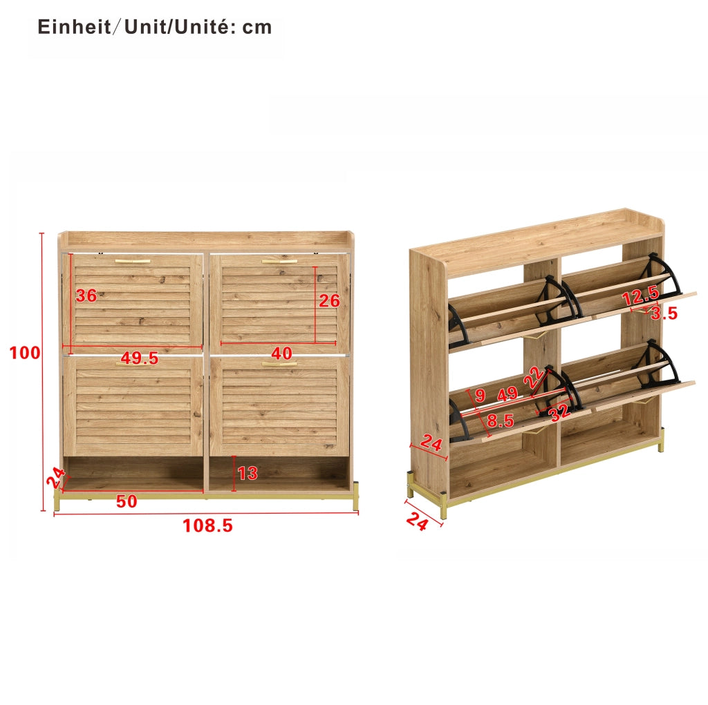 Scarpiera a 4 ante in MDF con base in metallo e ripiano superiore; 108;5 ¡Á 24 ¡Á 100 cm; color legno