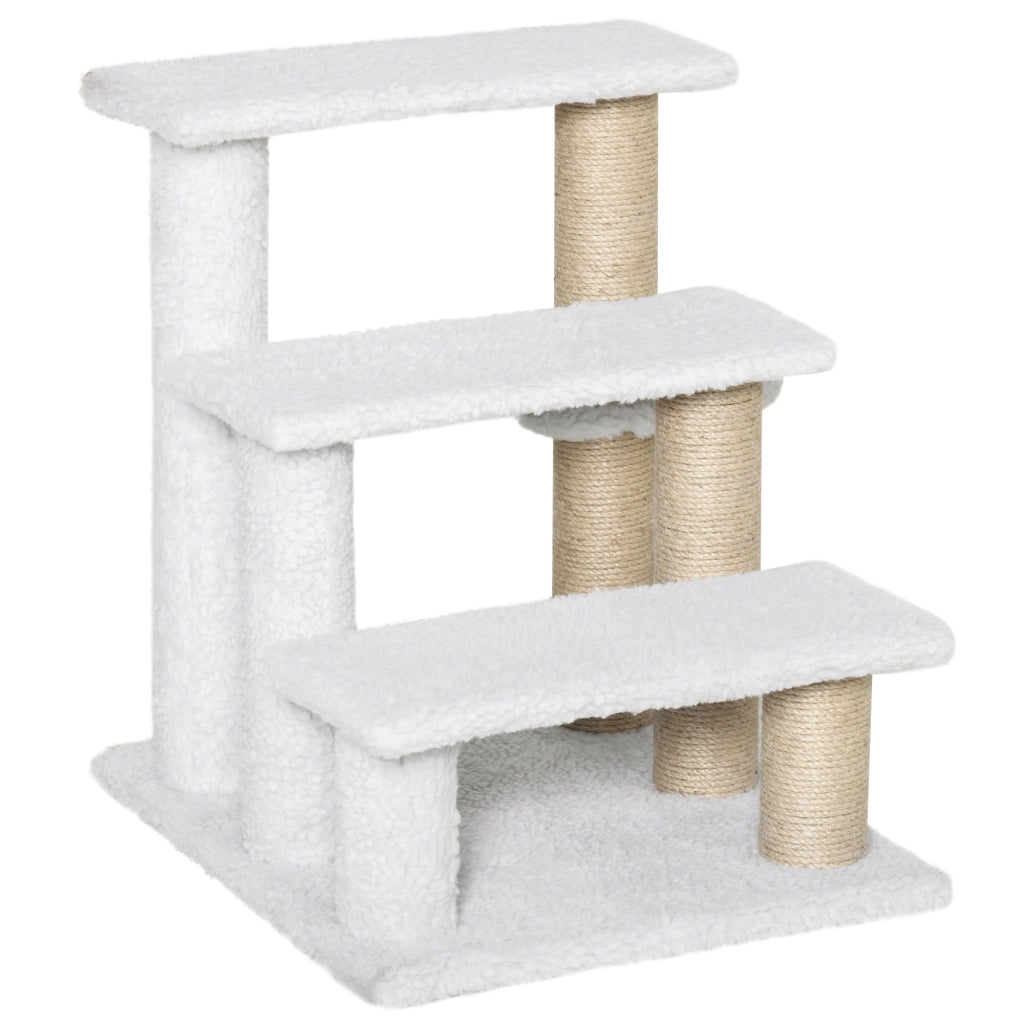 Scaletta per Gatti a 3 Gradini con Tiragraffi in Juta e Peluche; per Animali fino a 5 kg; Bianco; 45x40x48 cm