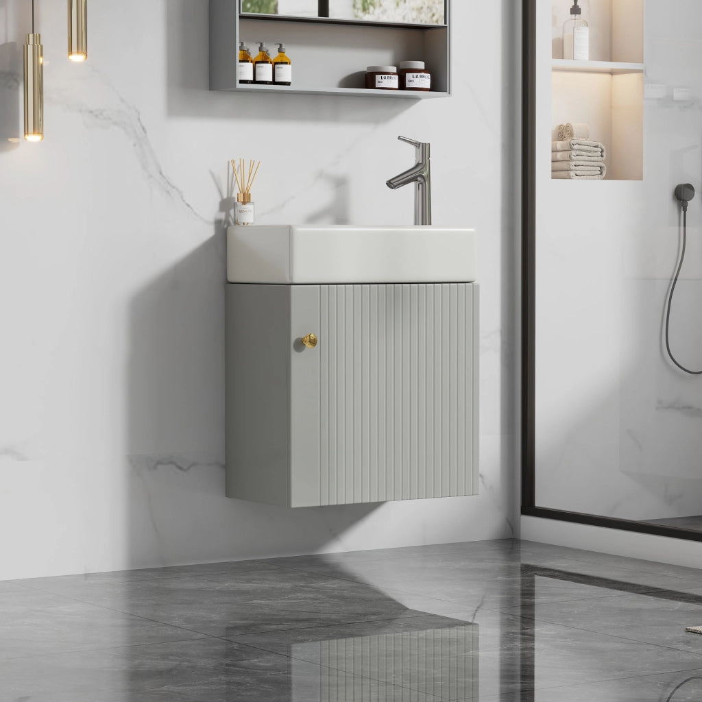Mobile Bagno Sospeso con Lavabo 46 cm; Anta con Motivo 3D; MDF; Grigio e Bianco