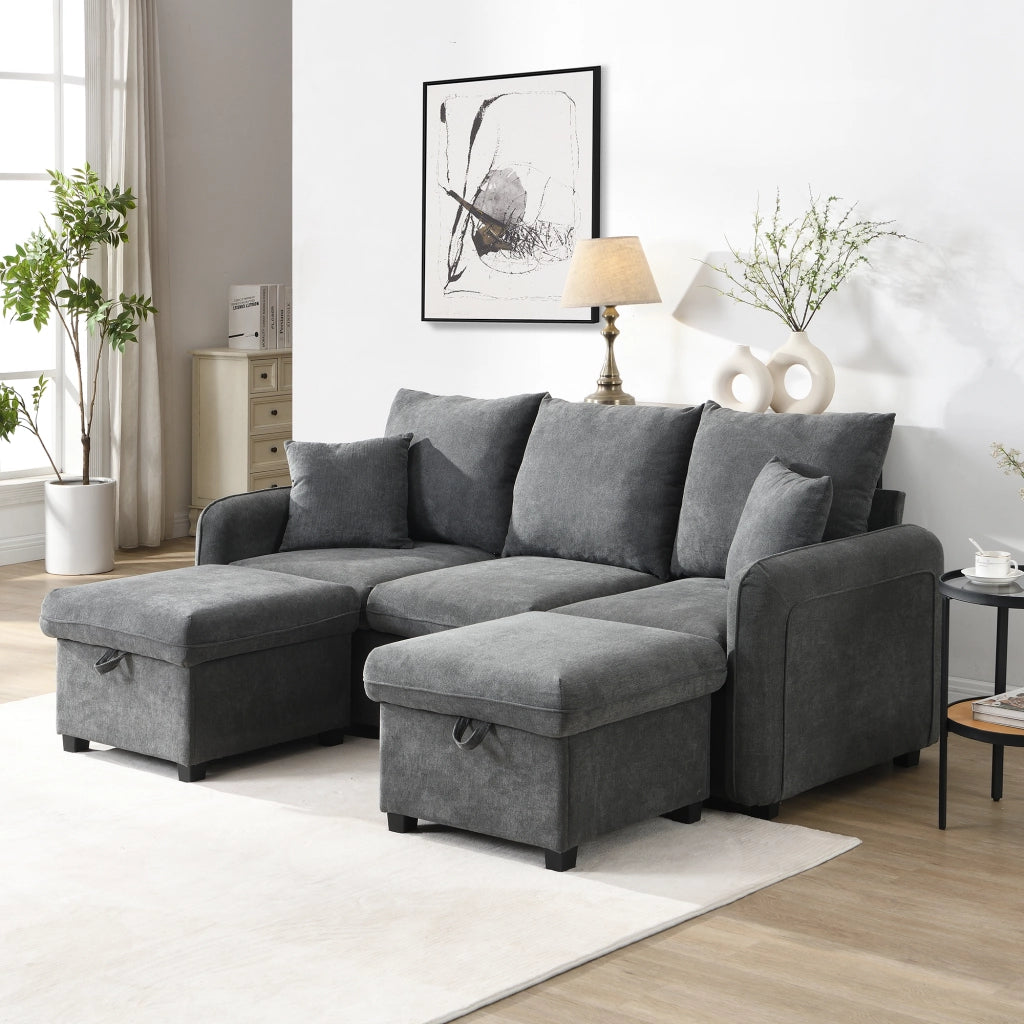 Divano angolare convertibile 3 Posti modulare con contenitore, 2 Pouf, 2 Cuscini, in Ciniglia Grigio Scuro